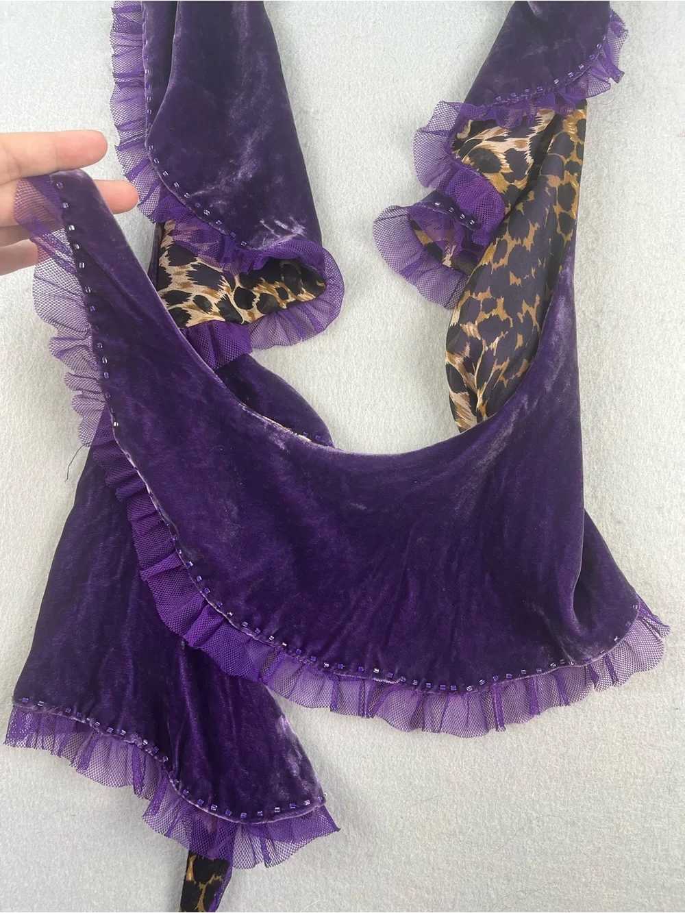 Vtg 1990s 72” Betsey Johnson Silk Velvet Leopard Beaded Scarf Purple Y2K Gothic